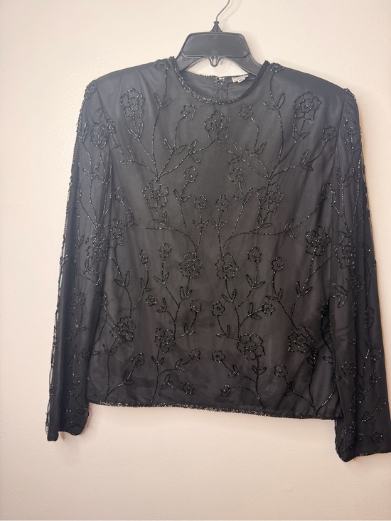 Tops - Embellished Black Floral Beaded Long-Sleeve Top